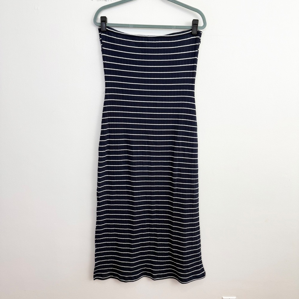 Anthropologie Strapless Twist Front Midi Dress Navy White Stripe Ribbed Size M - Picture 6 of 7
